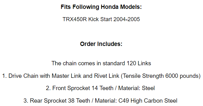 Black Drive Chain And Sprockets Kit for Honda TRX450R Sportrax 450 2X4 2004 05