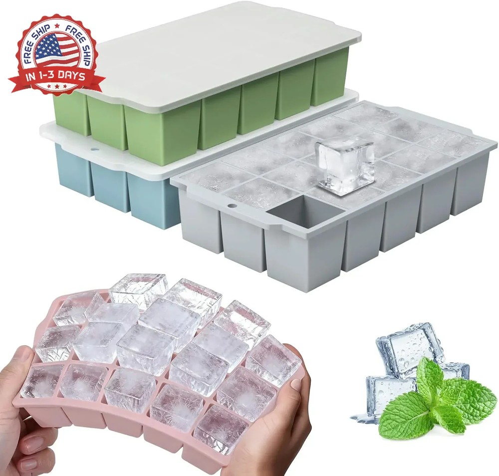 Silicone Ice Cube Tray with Locks Lids 4 Pack, Easy Release Flexible 15 Square I