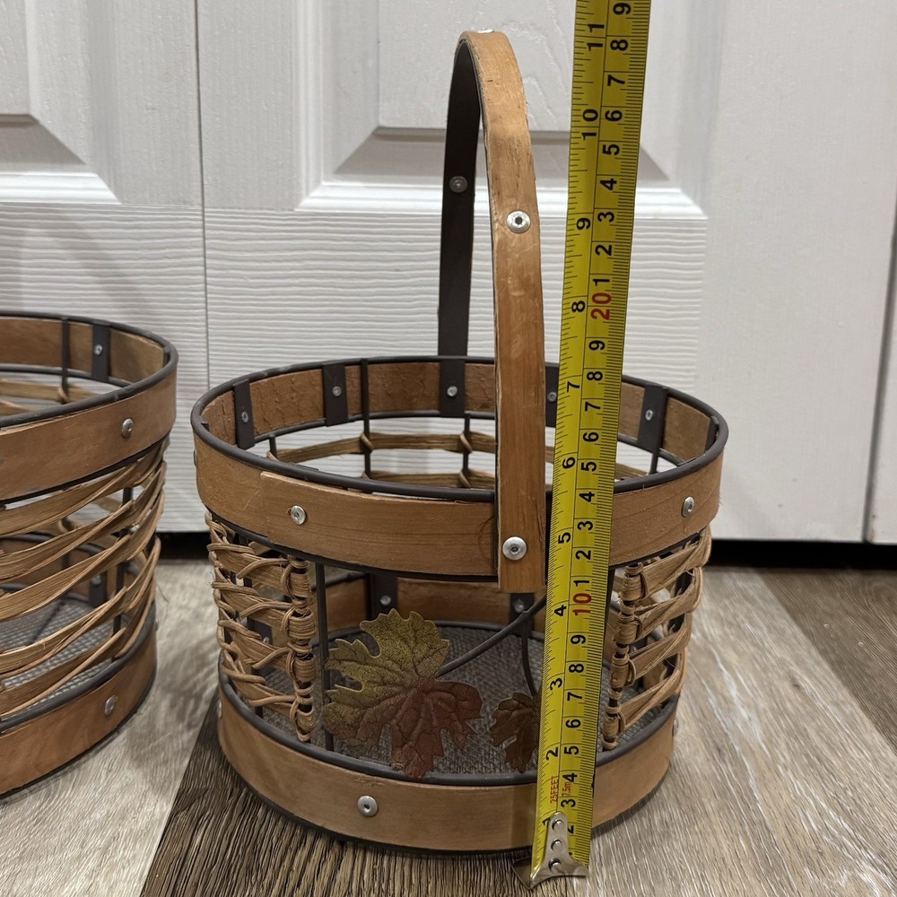 2 Wicker Wire Baskets Large & Medium Fall Autumn Leaves Moveable Handles Rivets