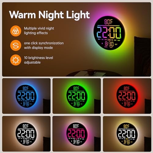 10" Large Digital Wall Clock with Seconds, Alarm Countdown Timer, Big LED Rgb