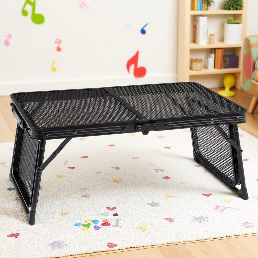 3ft Folding Camping Wire Mesh Table - Side Wings Adjustable Aluminum Frame Black