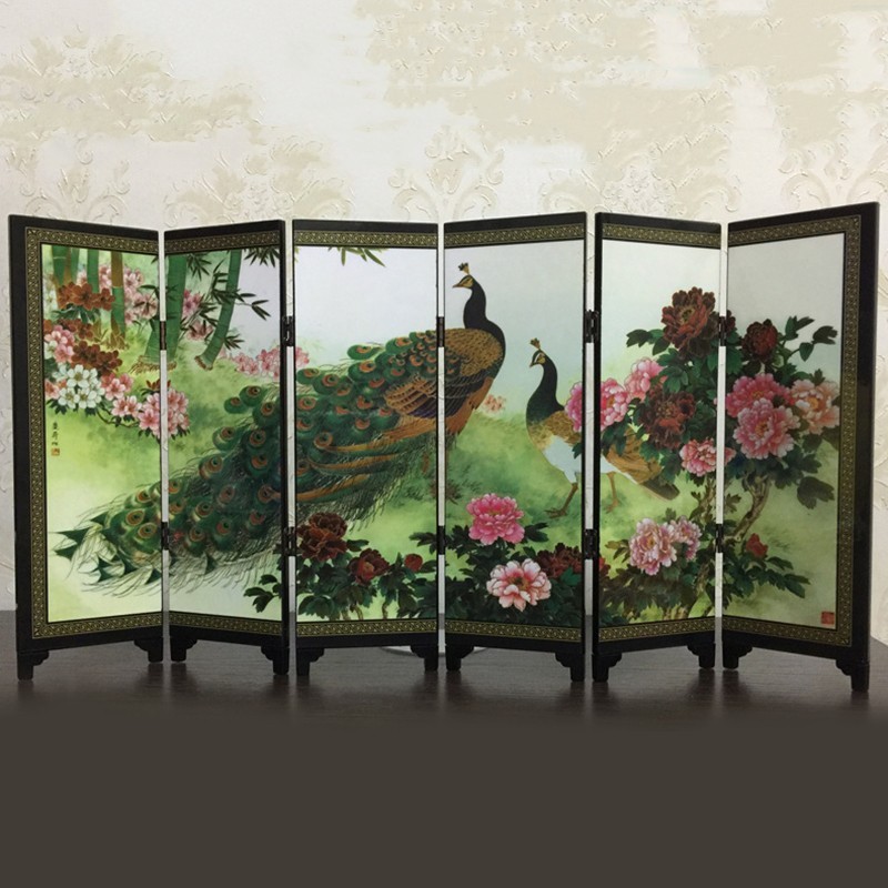 Suitable Screen Peacock Wood 6-Panel Divider Folding Ornament Partition