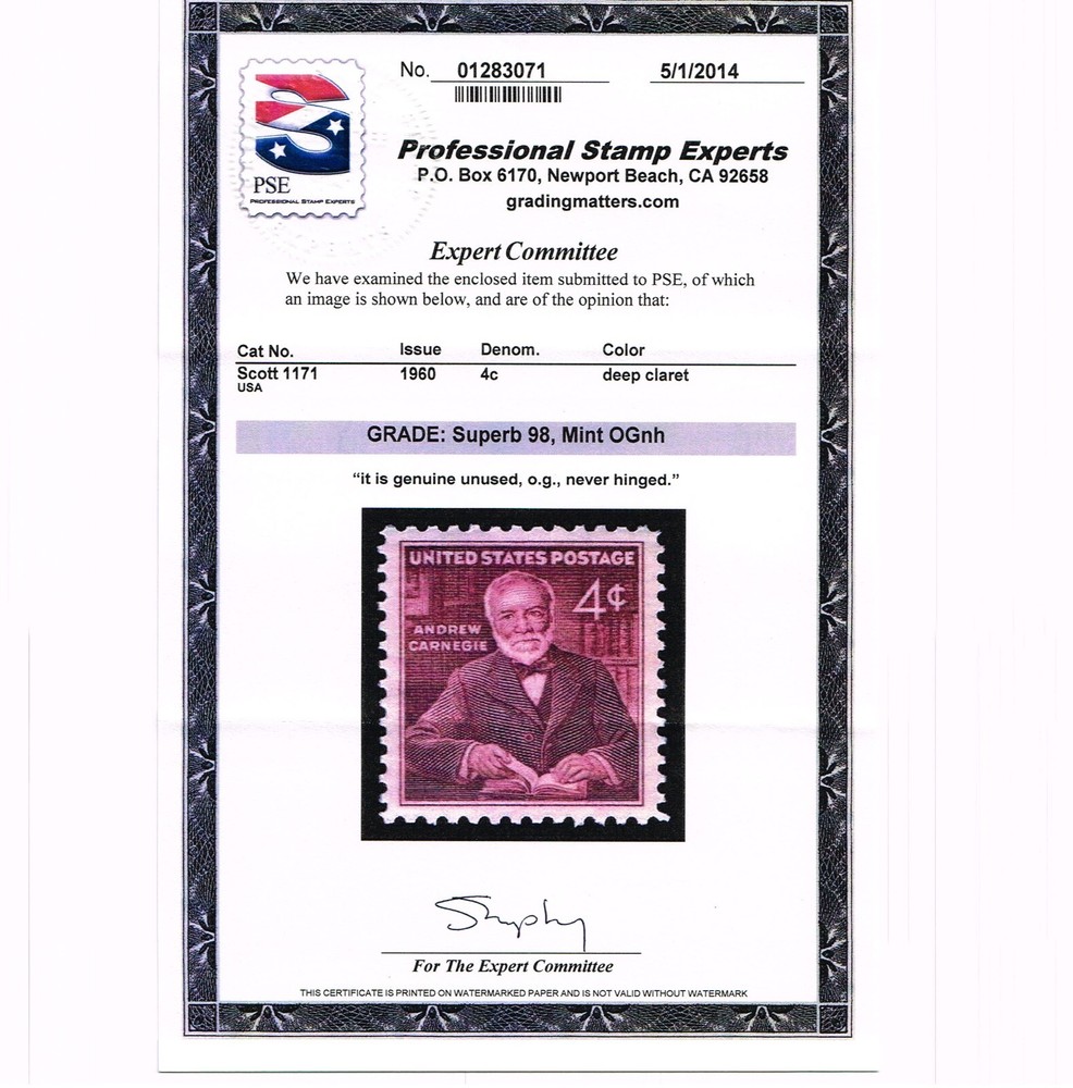 EXCEPTIONAL GENUINE SCOTT #1171 MINT PRISTINE OG NH PSE CERT GRADED SUPERB 98