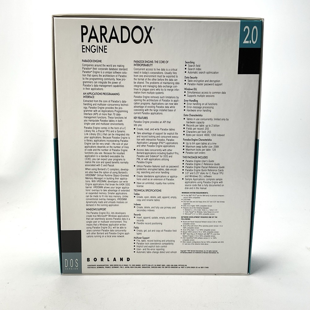 Borland Paradox Engine Version 2.0 DOS Version 3.5” & 5.25” Disk Set Vintage