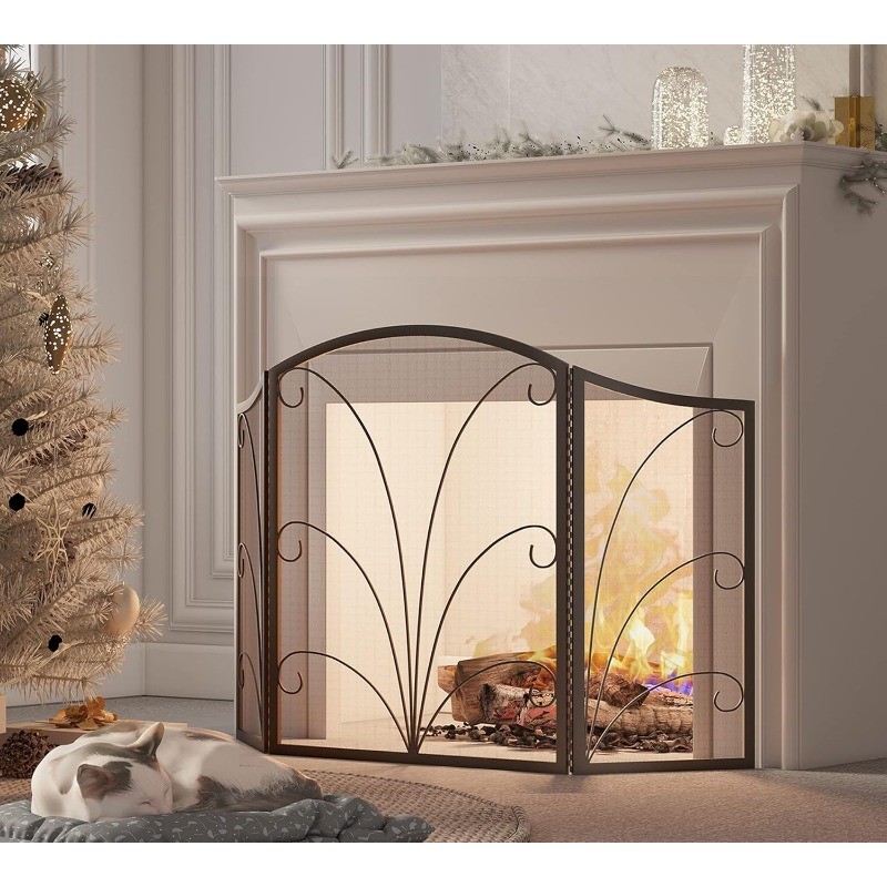 Arched Fireplace Screen Decorative, Handcrafted Scroll Wrought Iron Fireplace