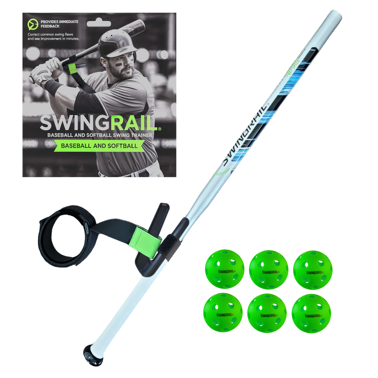 SWINGRAIL Swing Trainer + Speed Training Bat + 6 Balls