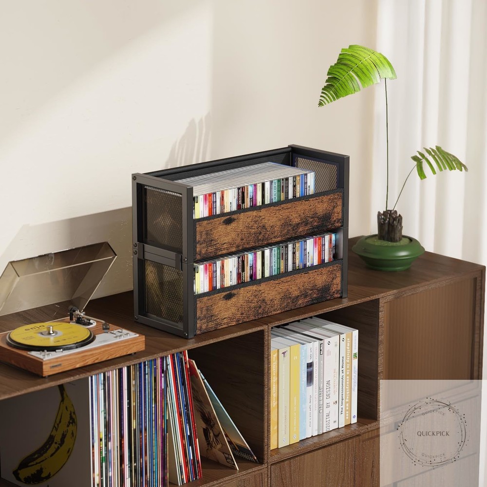 2-Tier CD Holder with Fabric Wood Grain Texture, Stackable CD Storage Case and