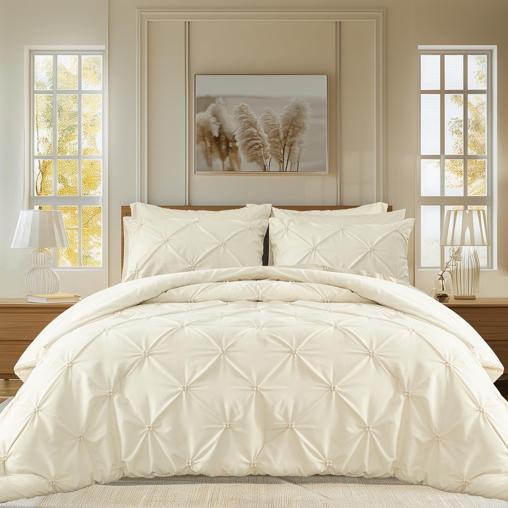 Queen Size Comforter Set Cream 3 Pieces Bed Lightweight Solid Bedding Comforters