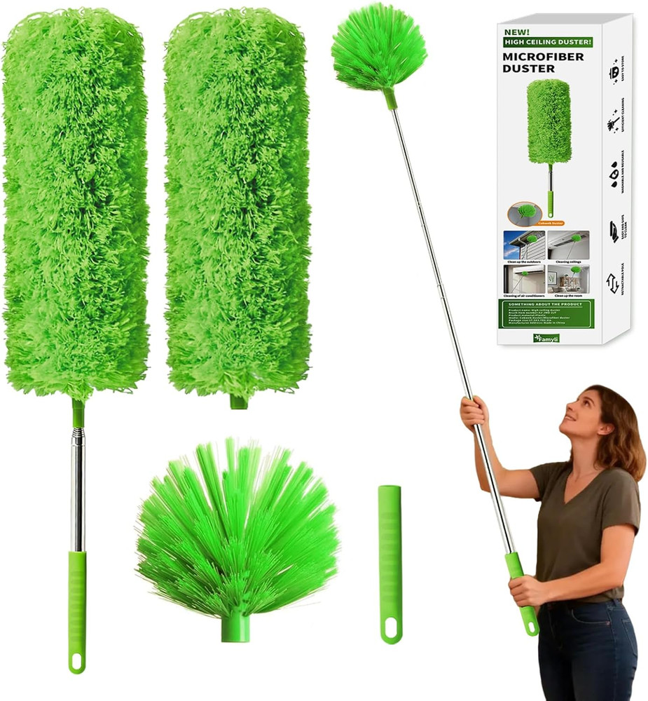 Cobweb Duster with Extension Pole, Washable Cleaning Duster Kit with 3 Duster He