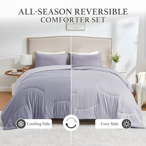 Grey Queen Size All-Season Down Alternative Comforter Set - Reversible