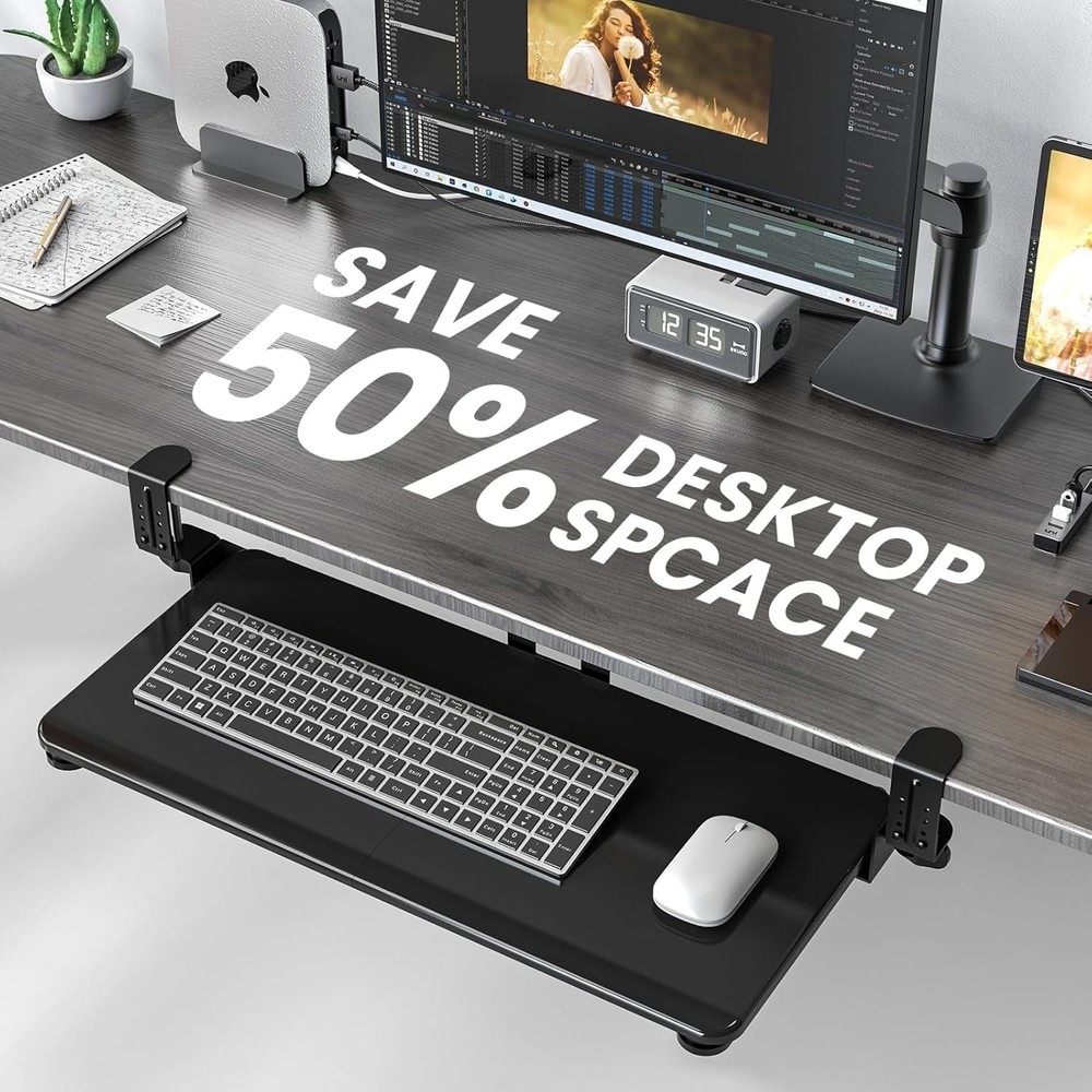 Keyboard Tray Under Desk, Pull Out Keyboard & Mouse Tray with Adjustable C-Clamp