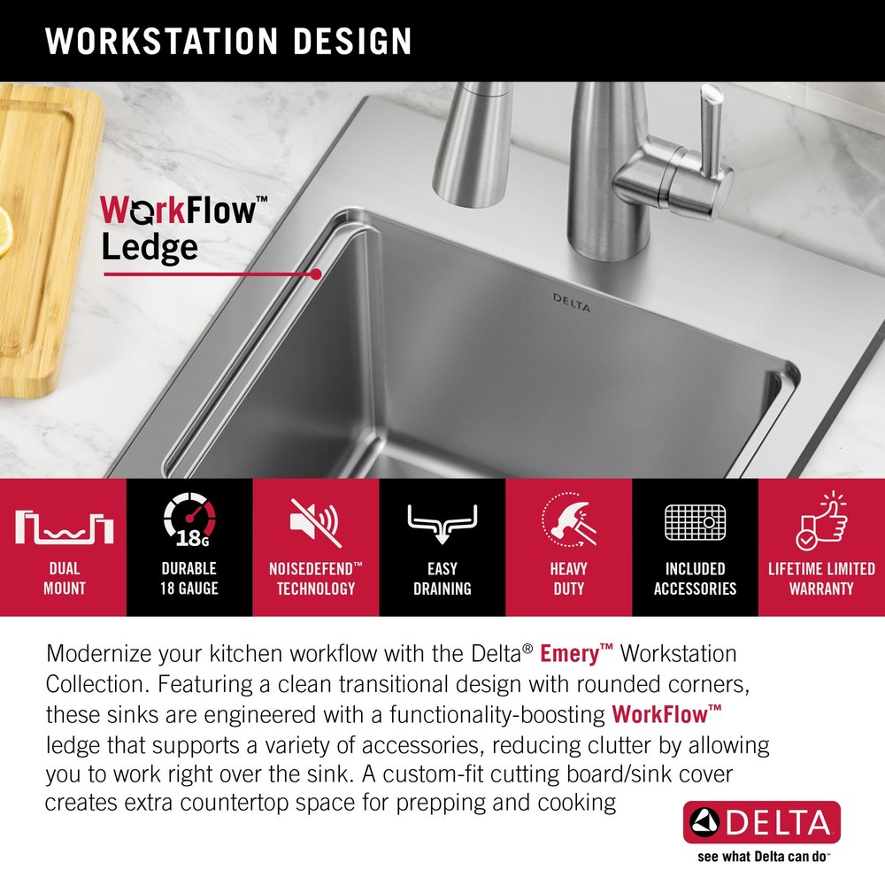 Delta Emery 15" Drop-In Sink – SS, WorkFlow Ledge, Single-Certified Refurbished