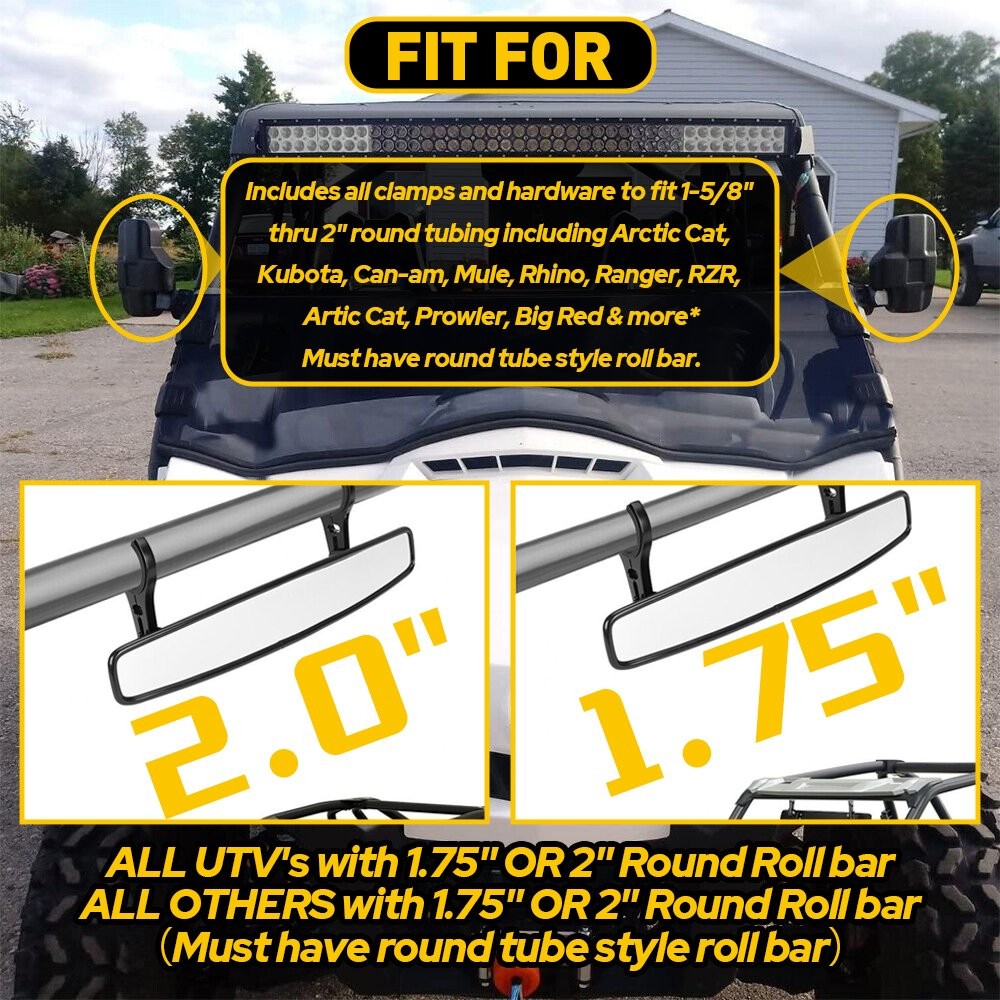 Universal UTV View Rear Mirror Side Center + Mirror Set Adjustable 1.75"-2"