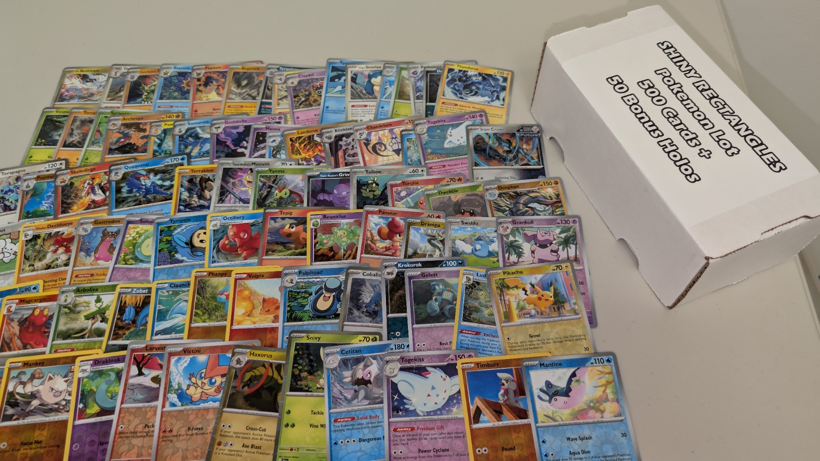 500 Pokemon Card Lot + 50 Holo, Rares, Reverse Foils - Gift Box Bulk Collection
