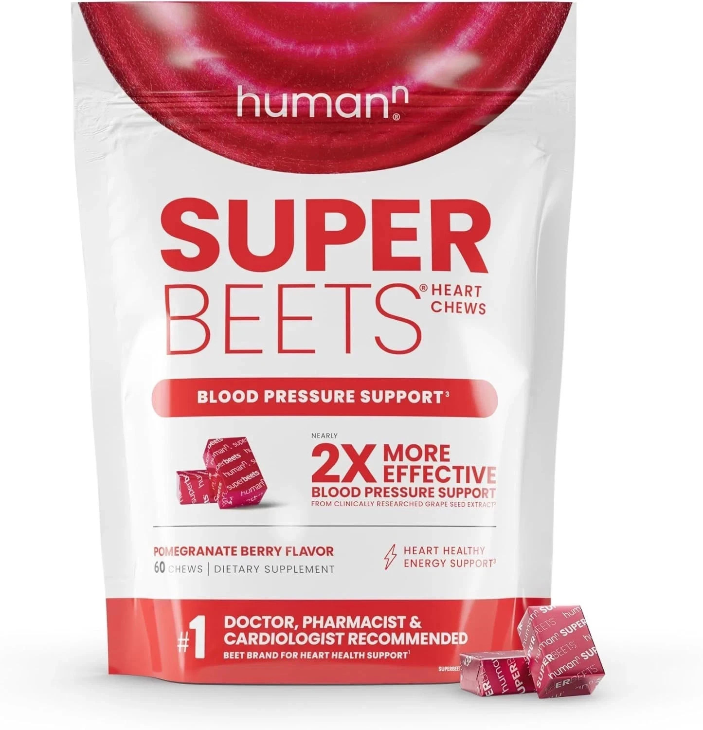 Humann SuperBeets Heart Chews: Nitric Oxide & Blood Pressure Support, 60 Count