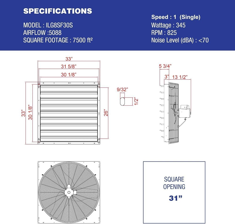 30" Automatic Wall Mounted Exhaust Fan Single Speed Shutter Vent Fan