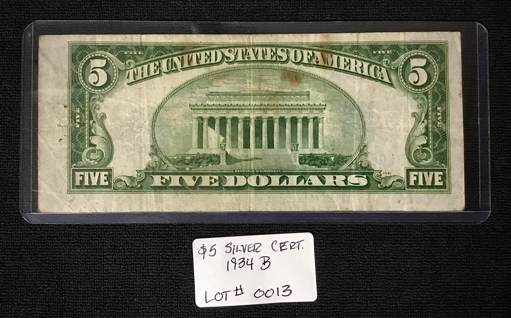 1934 b 5 silver certificate - circulated - lot#0013