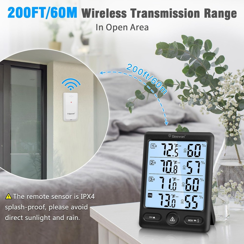 Geevon Indoor Outdoor Thermometer Wireless 3 Remote Black with Backlight