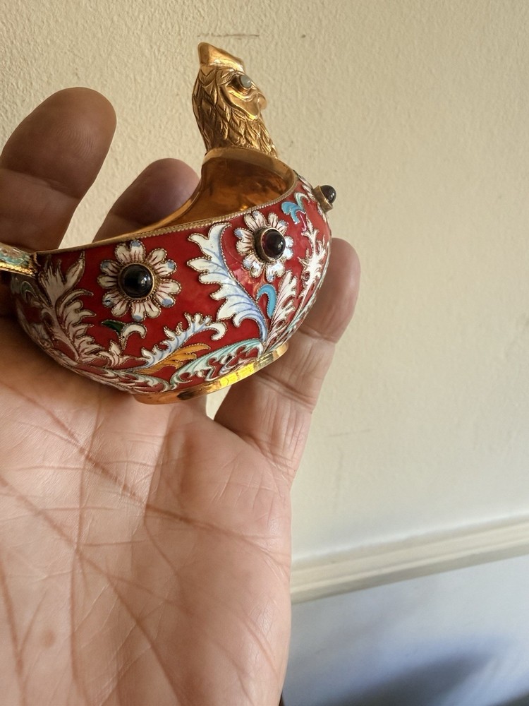 Gilt Solid Silver Cloisonne Enamel Kovsh cup Wine Tester Form Bird Garnet Stons