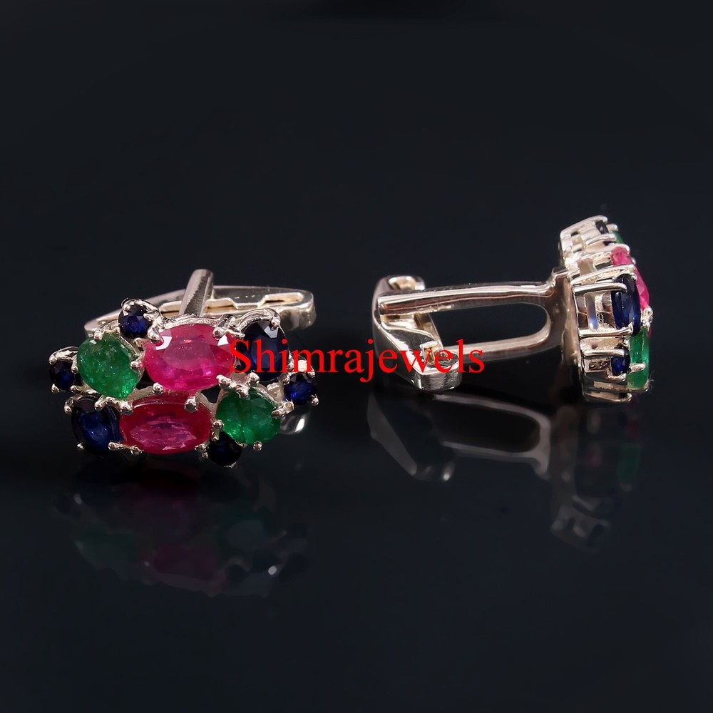 Heated Ruby & Simulated Emerald & Heated Sapphire With 925 Silver Cufflinks #710