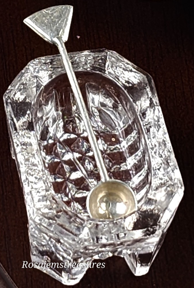 Vintage Open Footed Crystal Salt Cellar (Rectangular) with 925 Silver Spoon