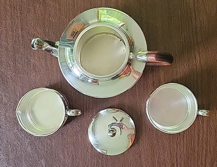 Vintage Friedman Silver Co. Silver Plated Tea Pot Stackable Cups Wood Handle