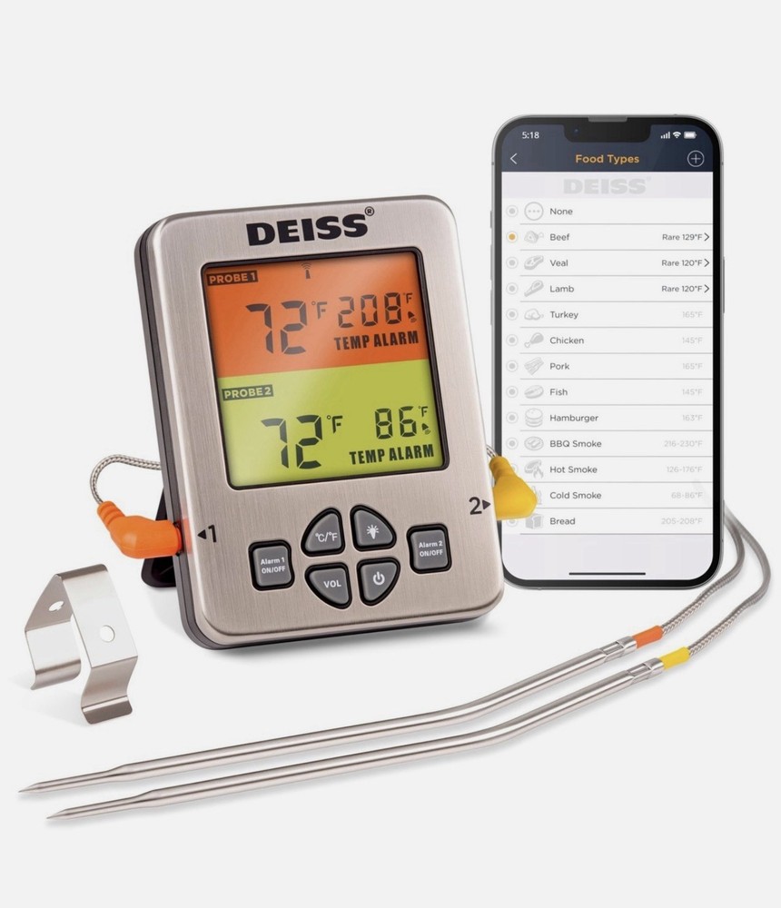 DEISS Wireless Meat Thermometer Dual Probe Bluetooth BBQ Grill Oven TimerApp New