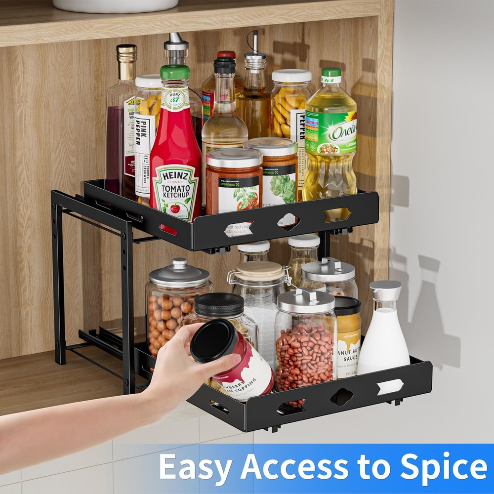 2-Tier Pull Out Spice Rack Organizer for Cabinet, Adjustable Height, Black