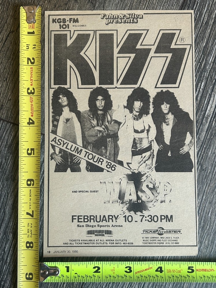 KISS Concert Ad Advert Asylum Tour San Diego CA Feb 10 1986 Vintage Kiss WASP B