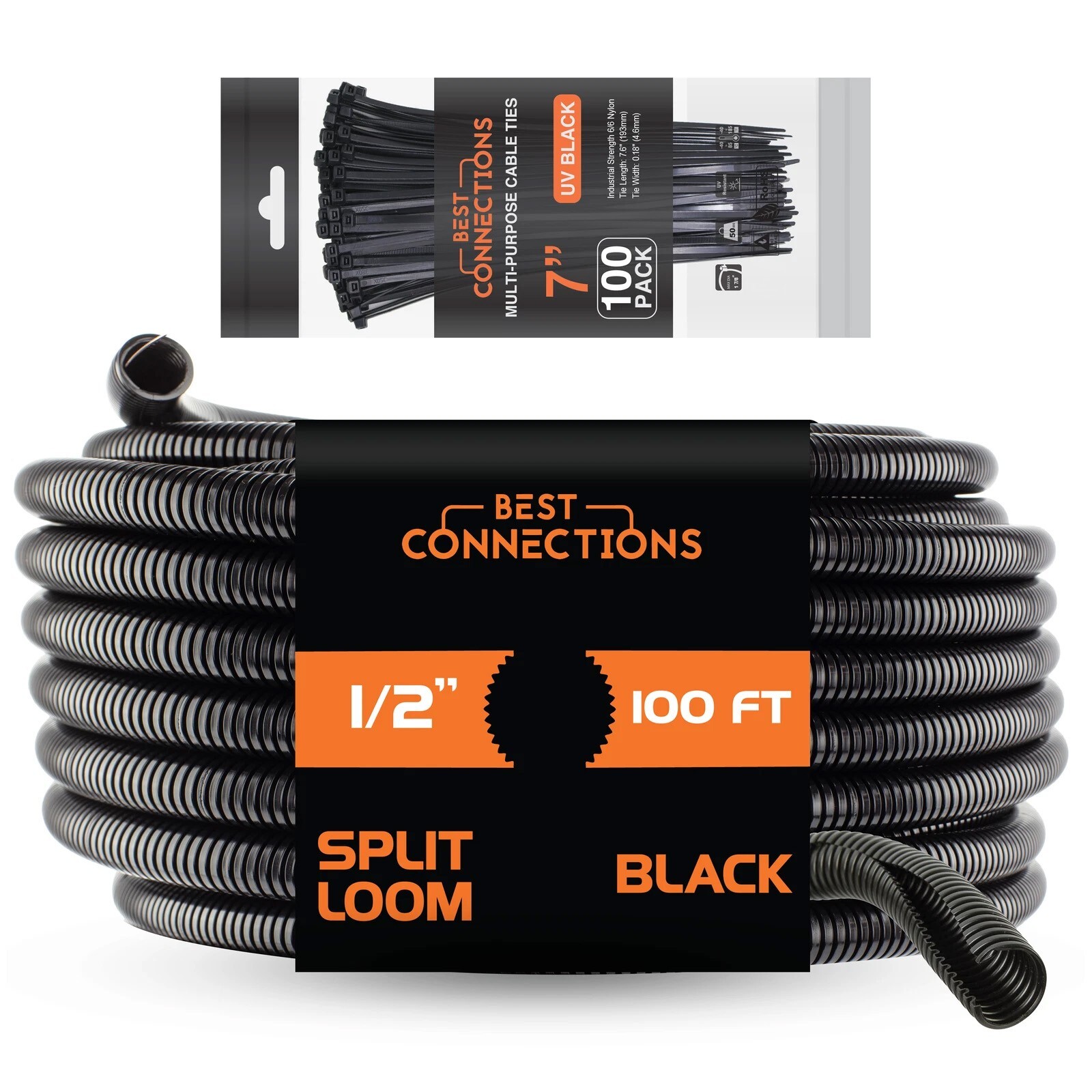 100 Ft 1/2" Split Wire Loom Tubing Combo 100 Pcs 7" Nylon Cable Zip Ties