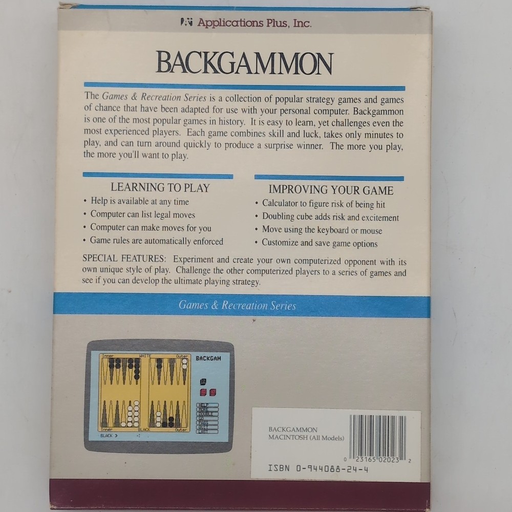 Backgammon Mac 1989 Applications Plus 3.5 Floppy Manual Inserts Vintage