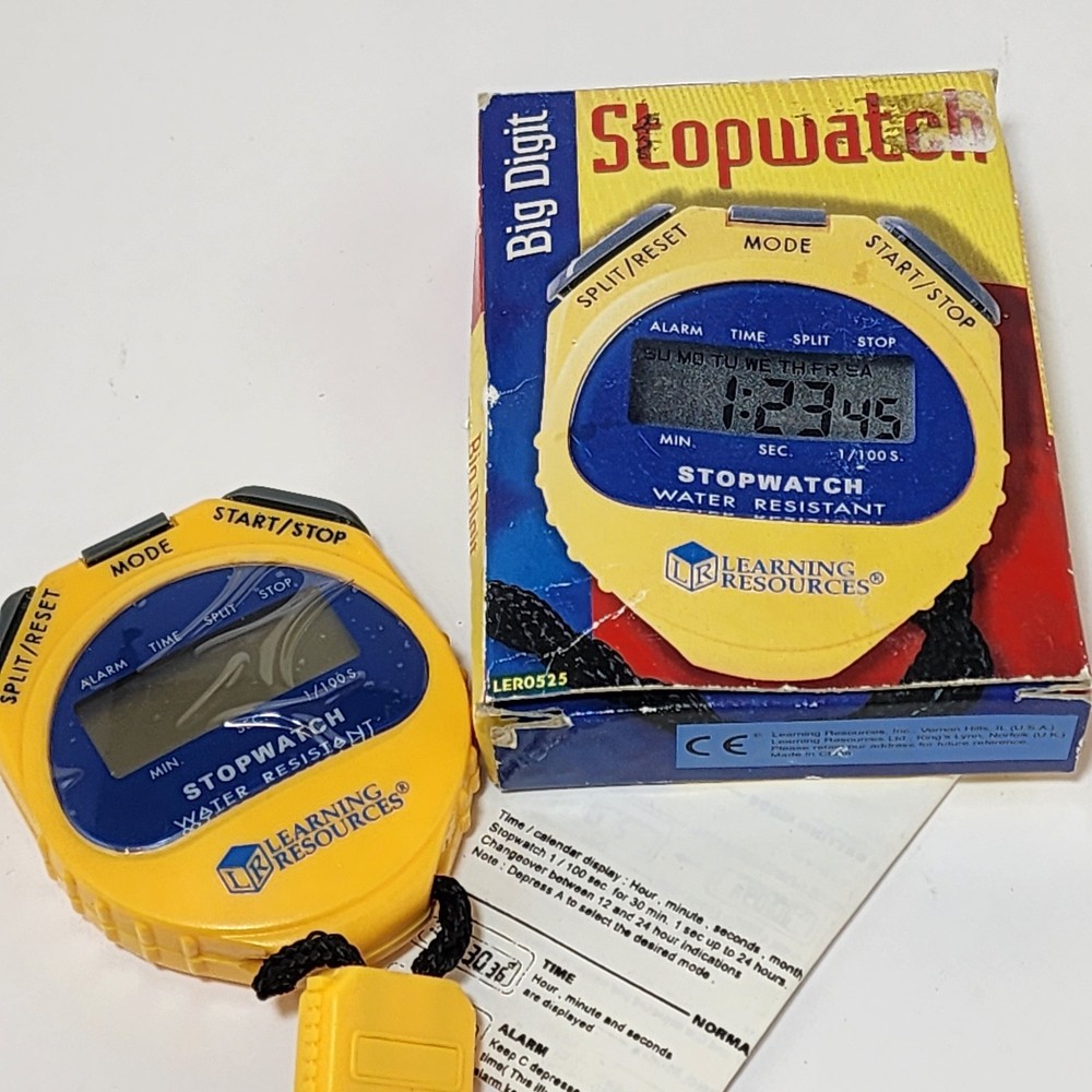 Learning Resources Stopwatch Big Digit Waterproof 1/100 Second Alarm Yellow
