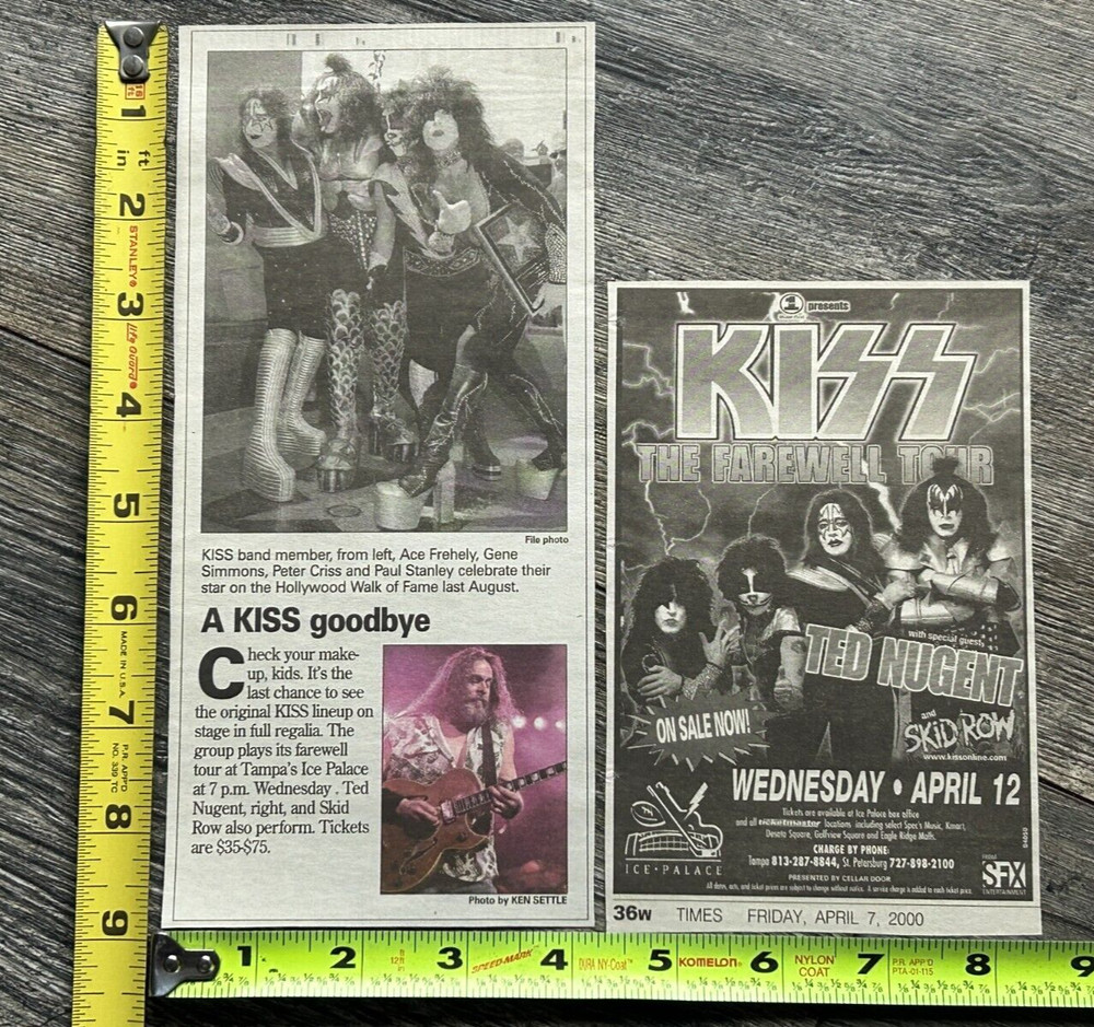 KISS Concert Ad Clipping Farewell Tour West Palm FL Apr 8 2000 Lot Vintage Kiss
