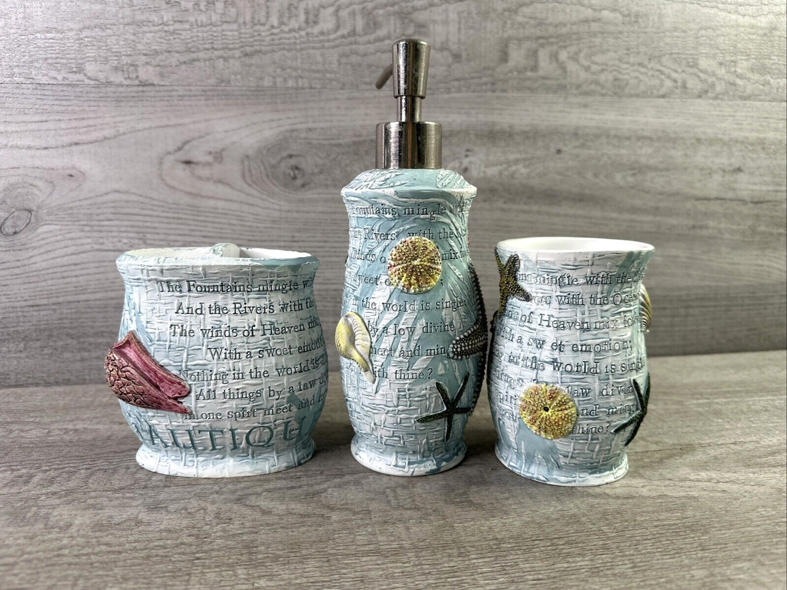 3 Piece Set Ocean Beach Theme Bathroom Soap Dispenser, Toothbrush Holder & Cup