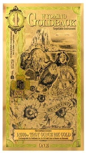 2025 1 WYOMING Goldback 1/1000 OZ .999 Fine Gold Polymer Note Currency