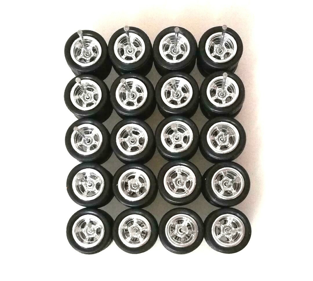 5 Spoke Long Axle Rubber Tire  - 10 sets JDM (Chrome) 10 mm 1:64