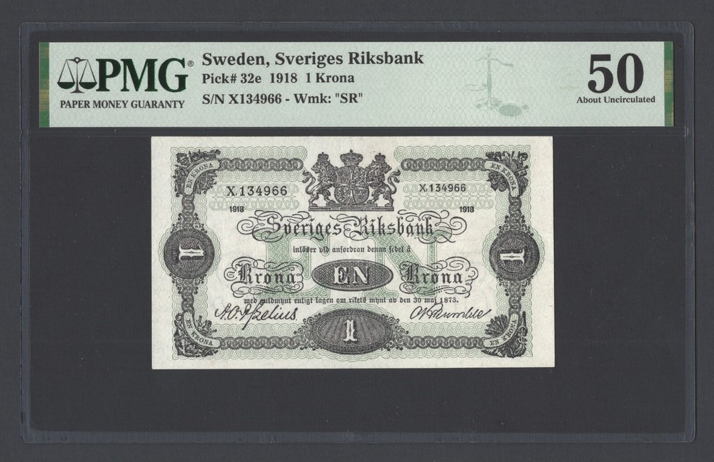 Sweden One Krona 1918 P32e About Uncirculated