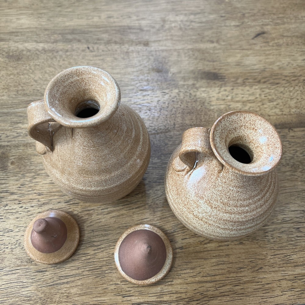 Art Pottery Mini Pitchers Glaze With Lids Rustic Decorations 2 Pcs.