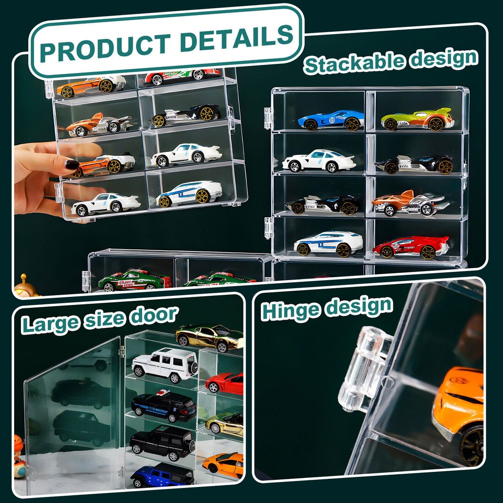 4Pack 1/64 Diecast 8 Car Display Case With Locking Latch Stackable Organizer Box