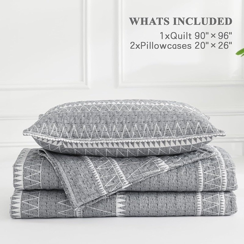 Reversible Microfiber Quilt Set Geometric Pattern Lightweight Queen 3PCs New