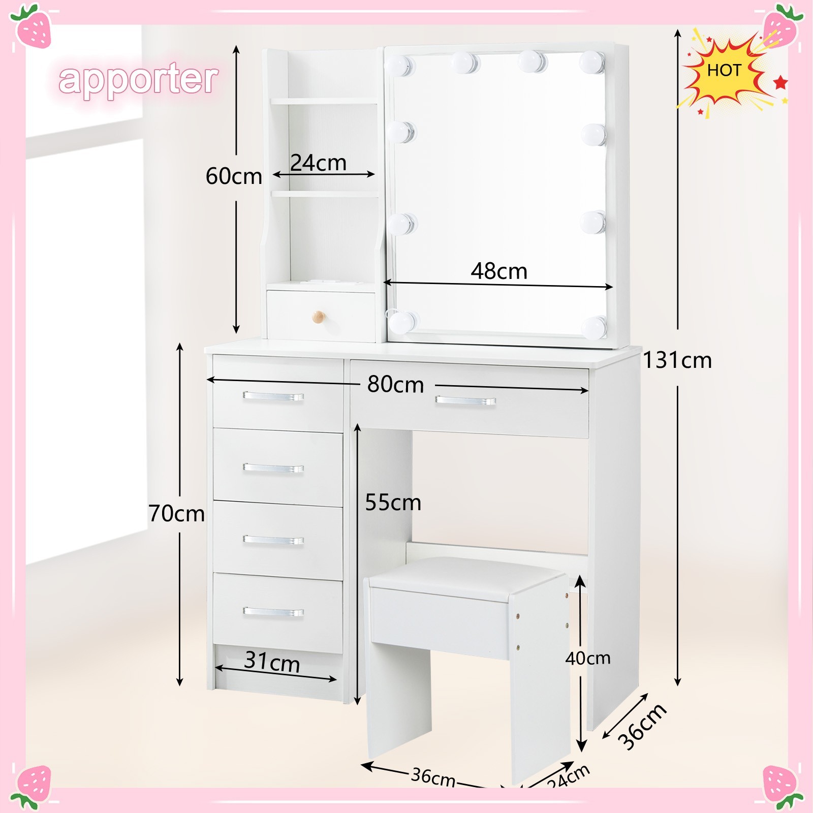 10 LED Bulbs Mirror Vanity Dressing Desk Makeup Dresser Table With USB Port