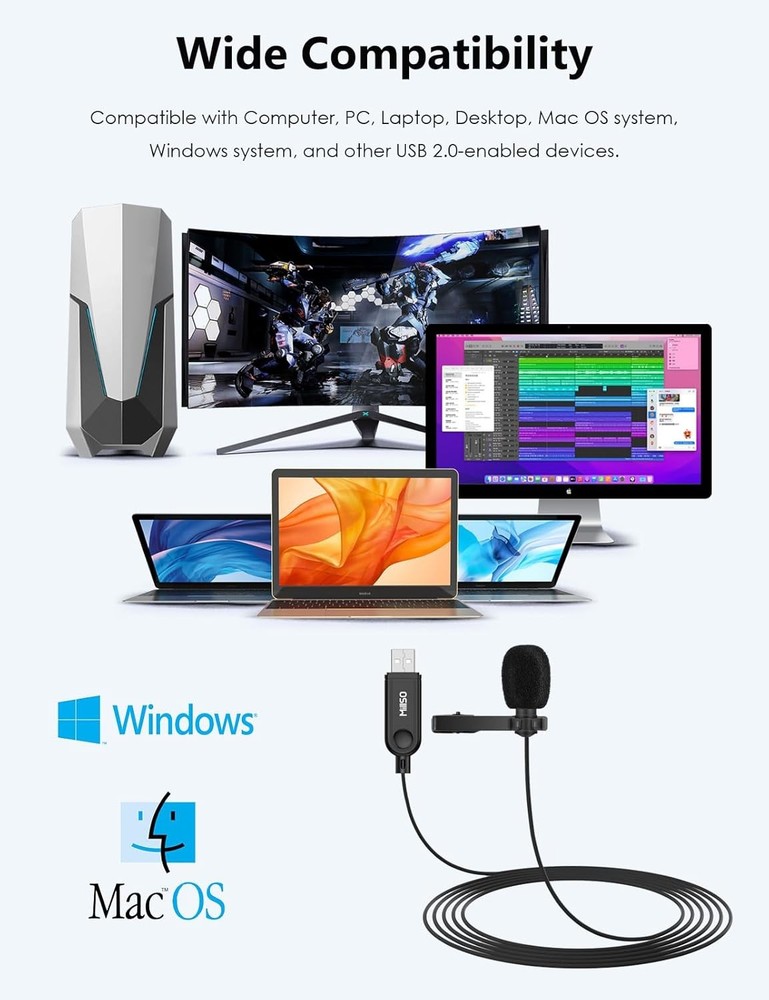 USB Omnidirectional Lavalier Microphone 2M Plug & Play for PC/Mac US