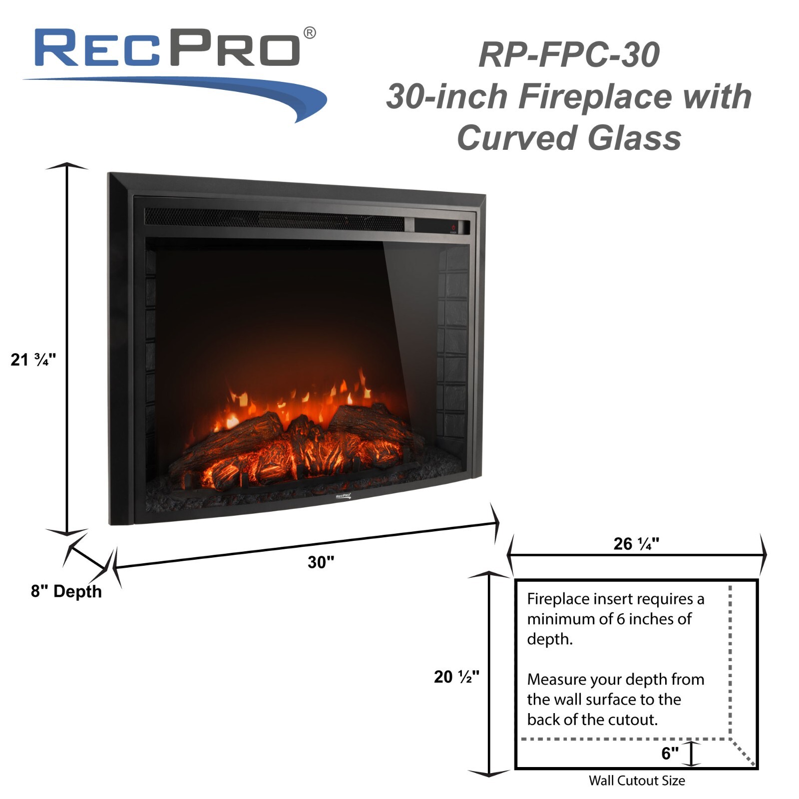 RecPro RV 30" Electric Fireplace | 26" Cutout | 120V | 3 Color Modes