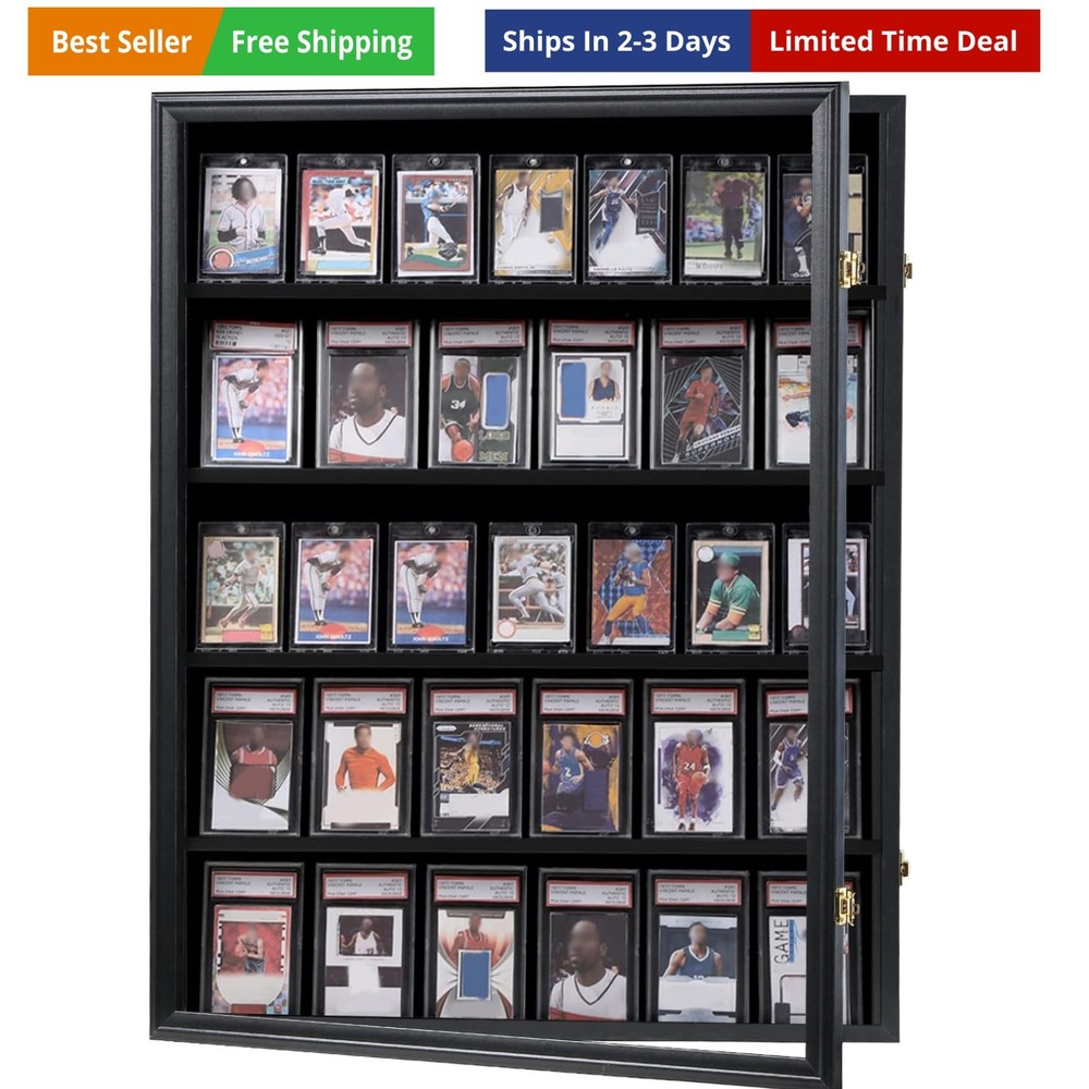 35 Graded Sports Card Display Frame -Baseball Card Display Case Lockable - Tr...