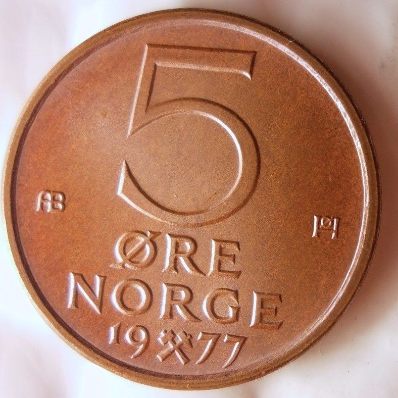 1977 NORWAY 5 ORE - UNC - From Norwegian Mint Roll - BARGAIN BIN #AAA