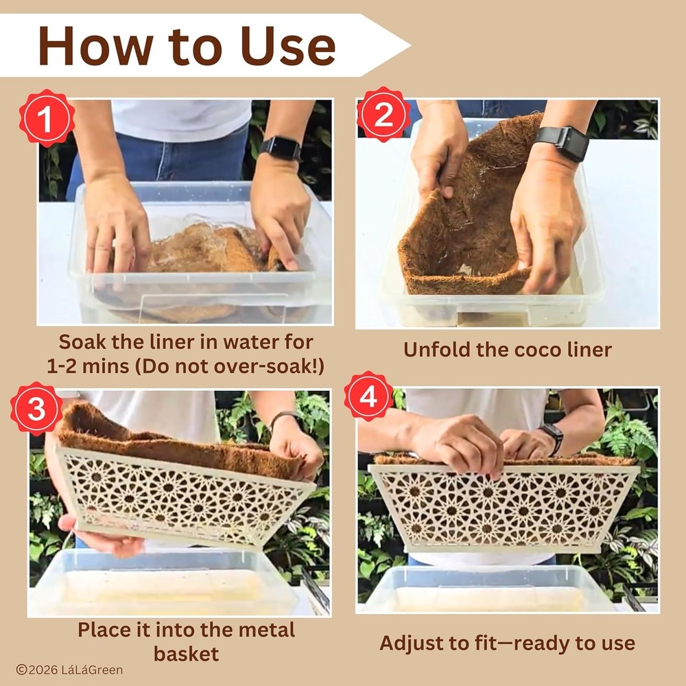 LaLaGreen 24" 2 Pack Rectangular Coco Liners Railing Planter–Large Trough Coir