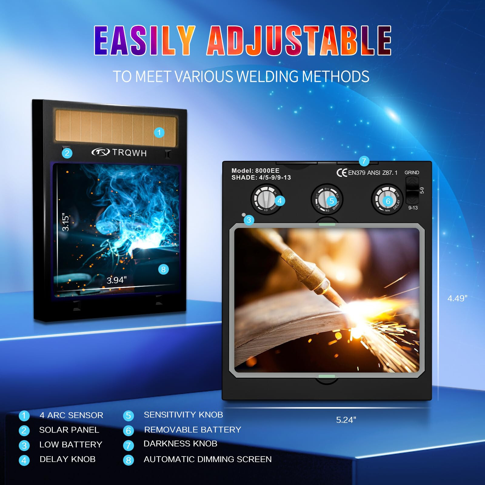 TRQWH True Color Auto Darkening Welding Lens 4 Arc Sensor Shade 4/5-13