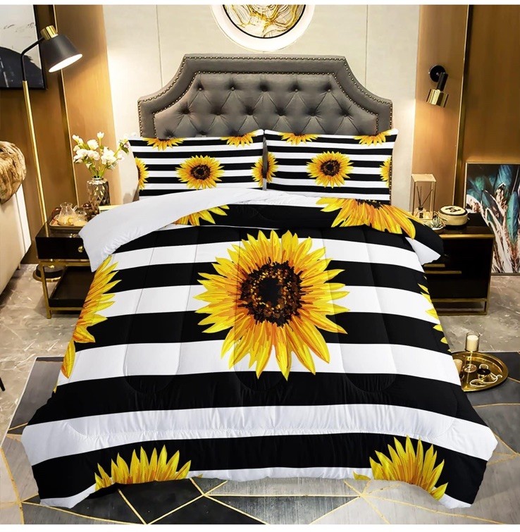 Ailonen Sunflower Comforter Set (Queen) Black And White Striped Bedding Set