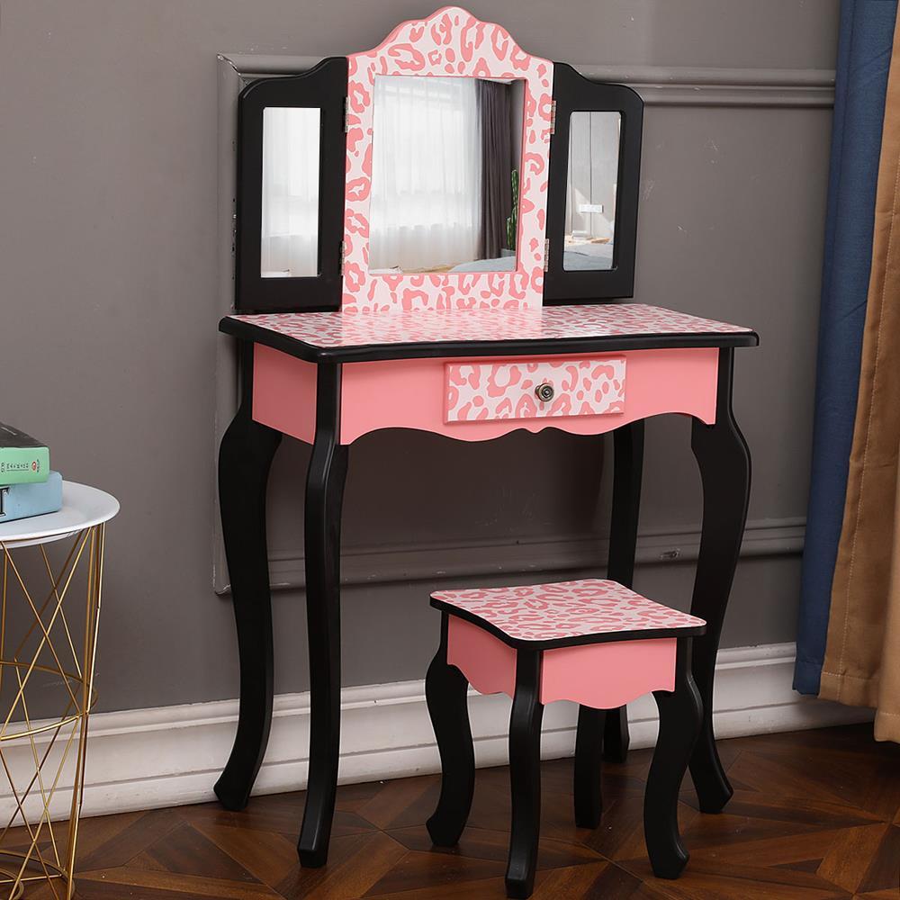 Kids Vanity Set Table and Stool with Drawer Dressing Mirror Pink Girls Gifts