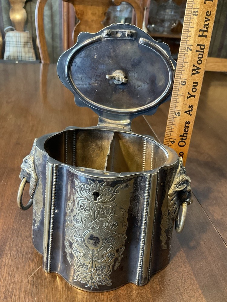 Antique Victorian Silverplate Silver Biscuit Tin / Tea Caddy Rams Head Etched